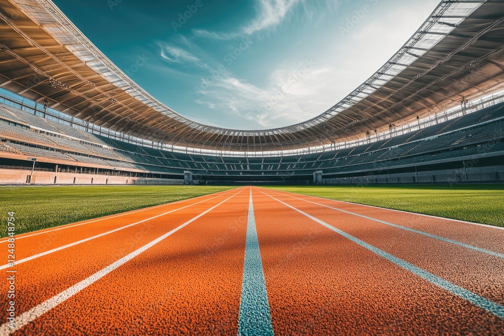 Empty stadium with red and green running track in the center. Empty stadium with red and green running track in the center.