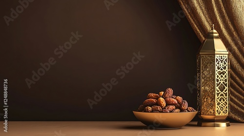 a Plate of Dates, a Gold Arabic Lantern and a Gold Curtain, on Brown Background : Suitable for Be Used in Blog Posts, Social Media Posts or Website Content Related to Islamic and Food Theme.