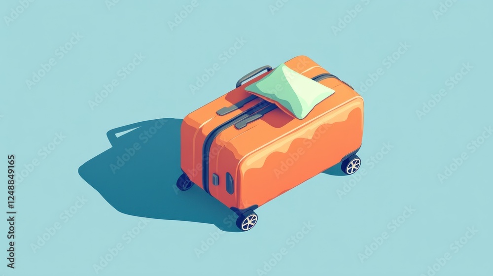 Naklejka premium Orange suitcase with pillow, travel preparation, light blue background, vacation planning