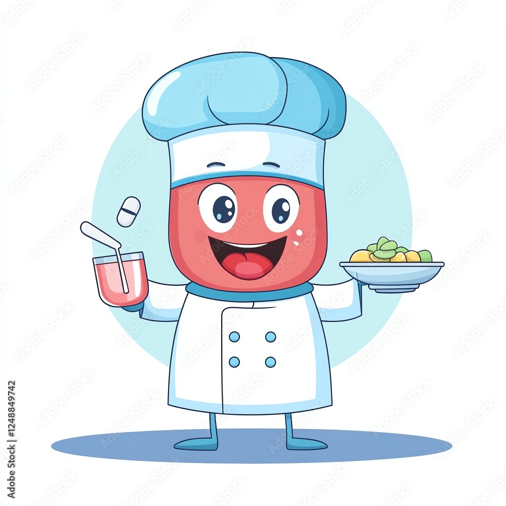 A cheerful cartoon chef holding a plate of food and a drink, showcasing a fun and playful culinary theme. A cheerful cartoon chef holding a plate of food and a drink, showcasing a fun and playful culinary theme.