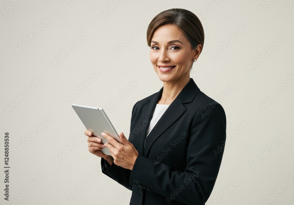 Professional Businesswoman Holding Digital Tablet in Formal Attire - Confident Female Executive Portrait with Technology in Modern Business Setting Professional Businesswoman Holding Digital Tablet in Formal Attire - Confident Female Executive Portrait with Technology in Modern Business Setting