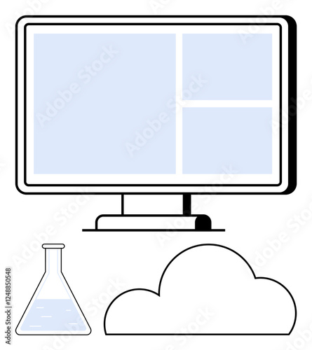 Computer screen displaying segments, laboratory beaker, and cloud shape. Ideal for tech, science, education, data storage, healthcare cloud computing innovation. Line metaphor