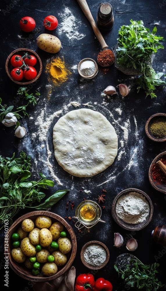 Pizza dough preparation: A flatbread base surrounded by fresh ingredients. Pizza dough preparation: A flatbread base surrounded by fresh ingredients.