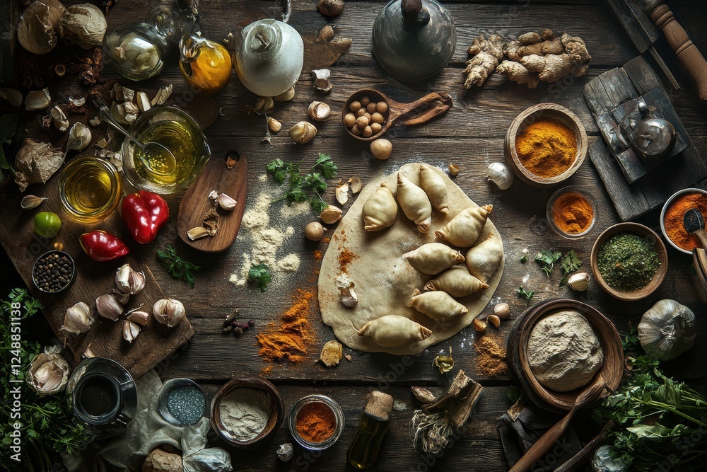 Overhead shot of rustic kitchen scene with homemade pastries and an array of spices and ingredients. Overhead shot of rustic kitchen scene with homemade pastries and an array of spices and ingredients.