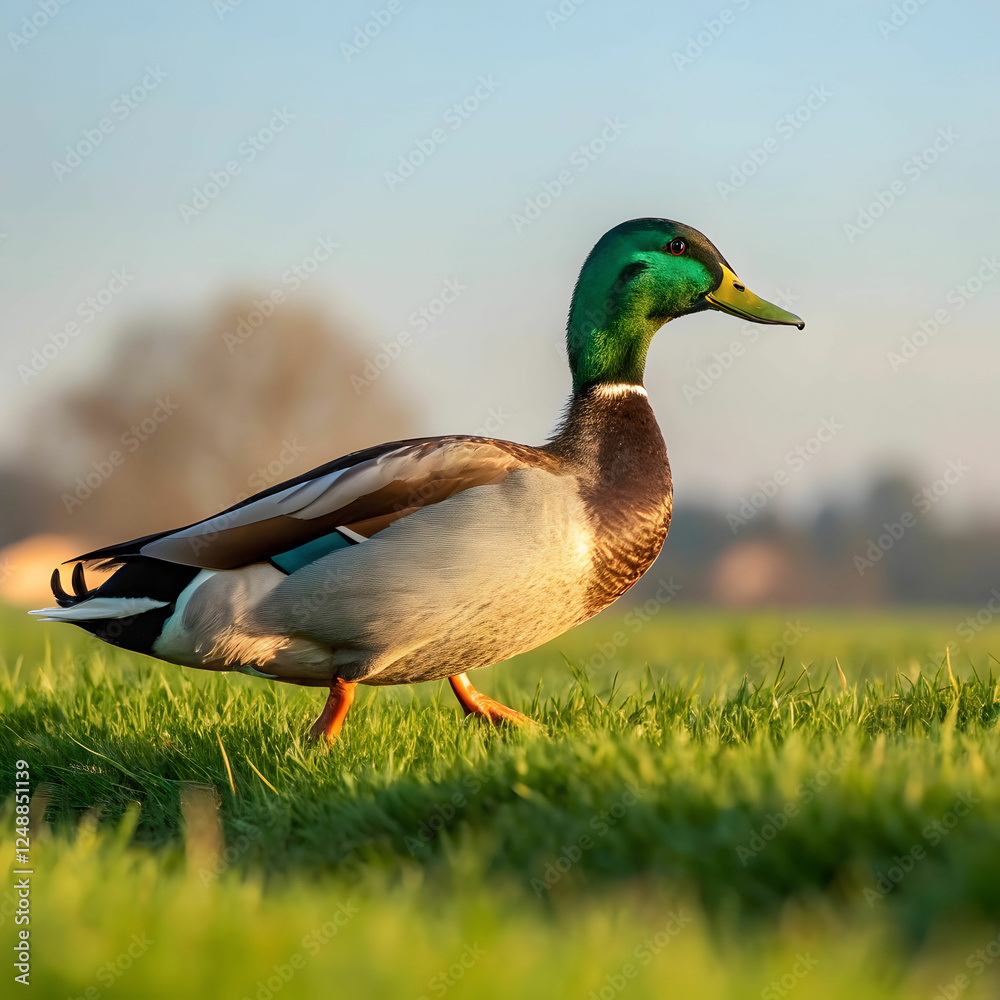 beautiful shot of a cute mallard walking on a grass beautiful shot of a cute mallard walking on a grass