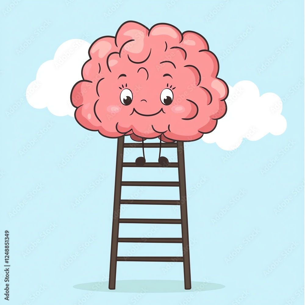 A cute, cartoonish brain character sits atop a ladder against a light blue background, symbolizing creativity and mental growth. A cute, cartoonish brain character sits atop a ladder against a light blue background, symbolizing creativity and mental growth.