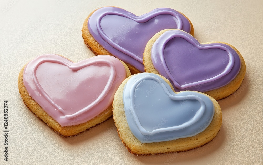 Heart-shaped cookies with icing for Saint Valentines Day and 8 March International Womens Day on a pastel beige background Heart-shaped cookies with icing for Saint Valentines Day and 8 March International Womens Day on a pastel beige background