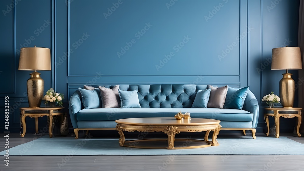 Luxury Table with Sofa Set in Living Room banner with empty space Without Text, Blue luxury background, interior furniture design mockup, holiday banner poster background for advertisement ads Luxury Table with Sofa Set in Living Room banner with empty space Without Text, Blue luxury background, interior furniture design mockup, holiday banner poster background for advertisement ads