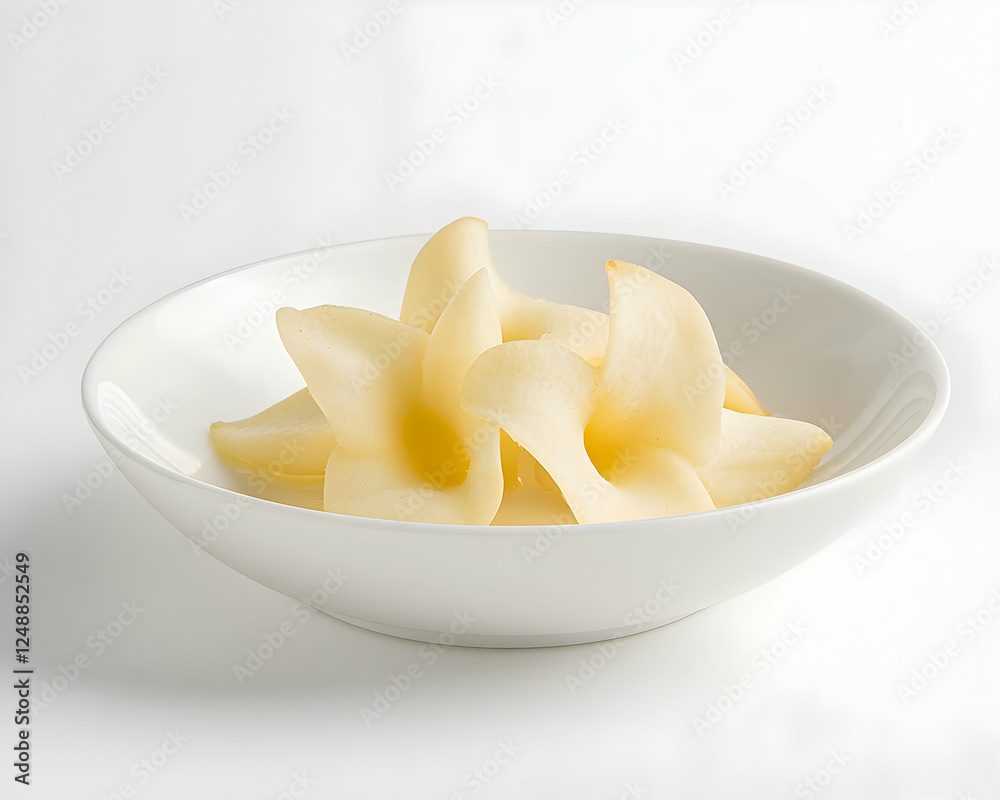 Sliced Pears Radiating Light in Ceramic Bowl, Representing Healthy Eating and Natural Goodness Against a Bright Background Sliced Pears Radiating Light in Ceramic Bowl, Representing Healthy Eating and Natural Goodness Against a Bright Background