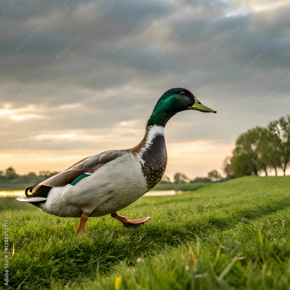 beautiful shot of a cute mallard walking on a grass beautiful shot of a cute mallard walking on a grass