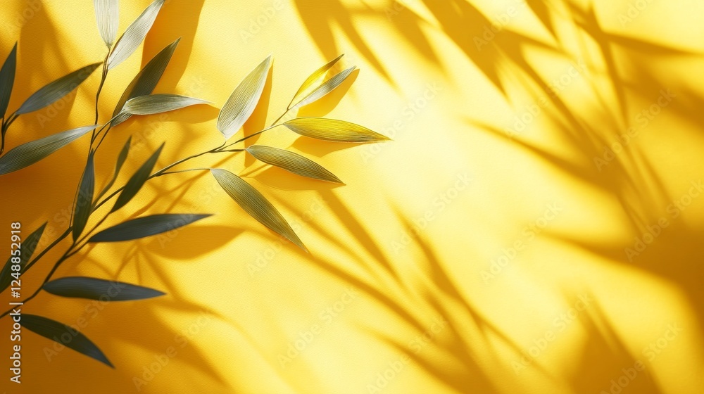 Elegant bamboo branch with sunlit shadows on a yellow background Elegant bamboo branch with sunlit shadows on a yellow background