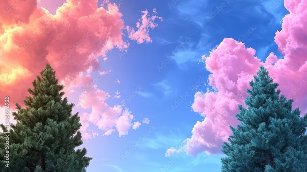 Naklejka premium Vibrant Electric Sunset Casting Colors Over a Serene Landscape with Trees and Dramatic Cloud Formation