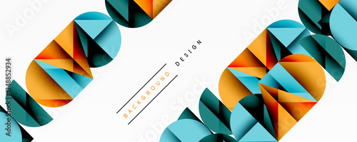 Abstract geometric background with layered gradient shapes forming dynamic patterns. Overlapping semi circles and triangles create depth and contrast