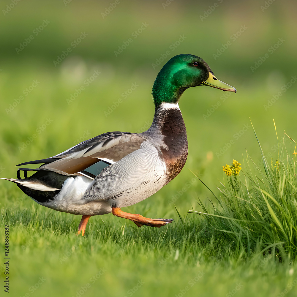 beautiful shot of a cute mallard walking on a grass beautiful shot of a cute mallard walking on a grass