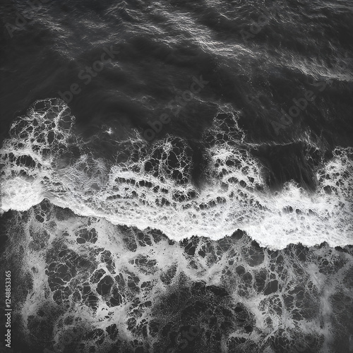 Black and white photograph of ocean waves. Aerial view, dark shore, crashing waves, deep black sea. Top view, abstract background.