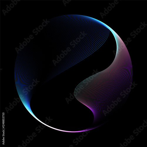 Abstract vector round shape of wavy lines flowing smooth curve colorful spectrum light on black background in concept of technology, science, music, modern.