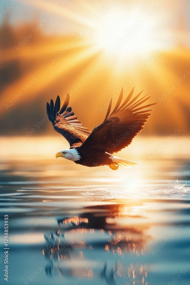Obraz premium Bald eagle carrying a glowing olive branch in a symbol of peace