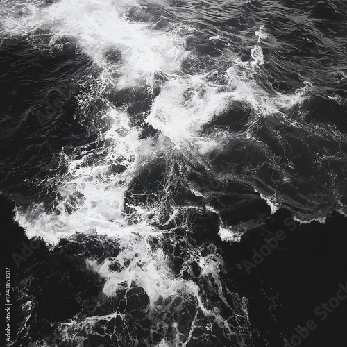 Black and white photograph of ocean waves. Aerial view, dark shore, crashing waves, deep black sea. Top view, abstract background.