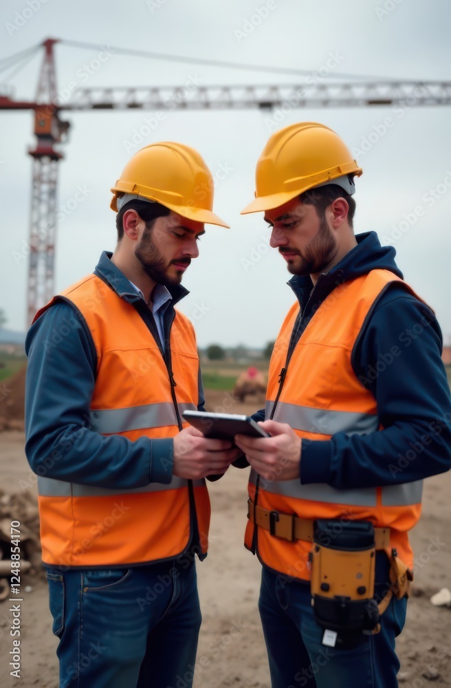 Construction workers collaborating at building site Construction workers collaborating at building site