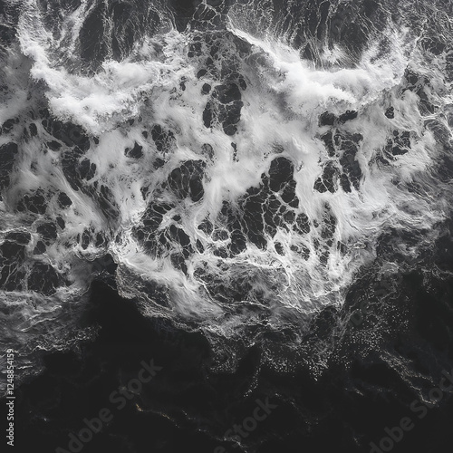 Black and white photograph of ocean waves. Aerial view, dark shore, crashing waves, deep black sea. Top view, abstract background.