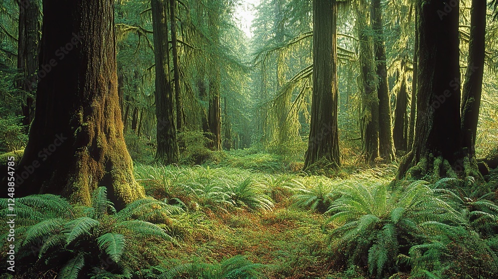 Lush green forest with moss covered trees and ferns creating a peaceful scene Lush green forest with moss covered trees and ferns creating a peaceful scene