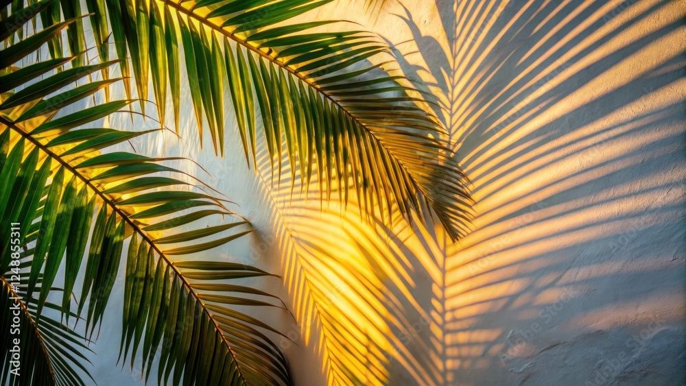 Fototapeta premium Soft sunlight silhouettes palm leaves against a white wall, creating a dramatic tropical night scene.