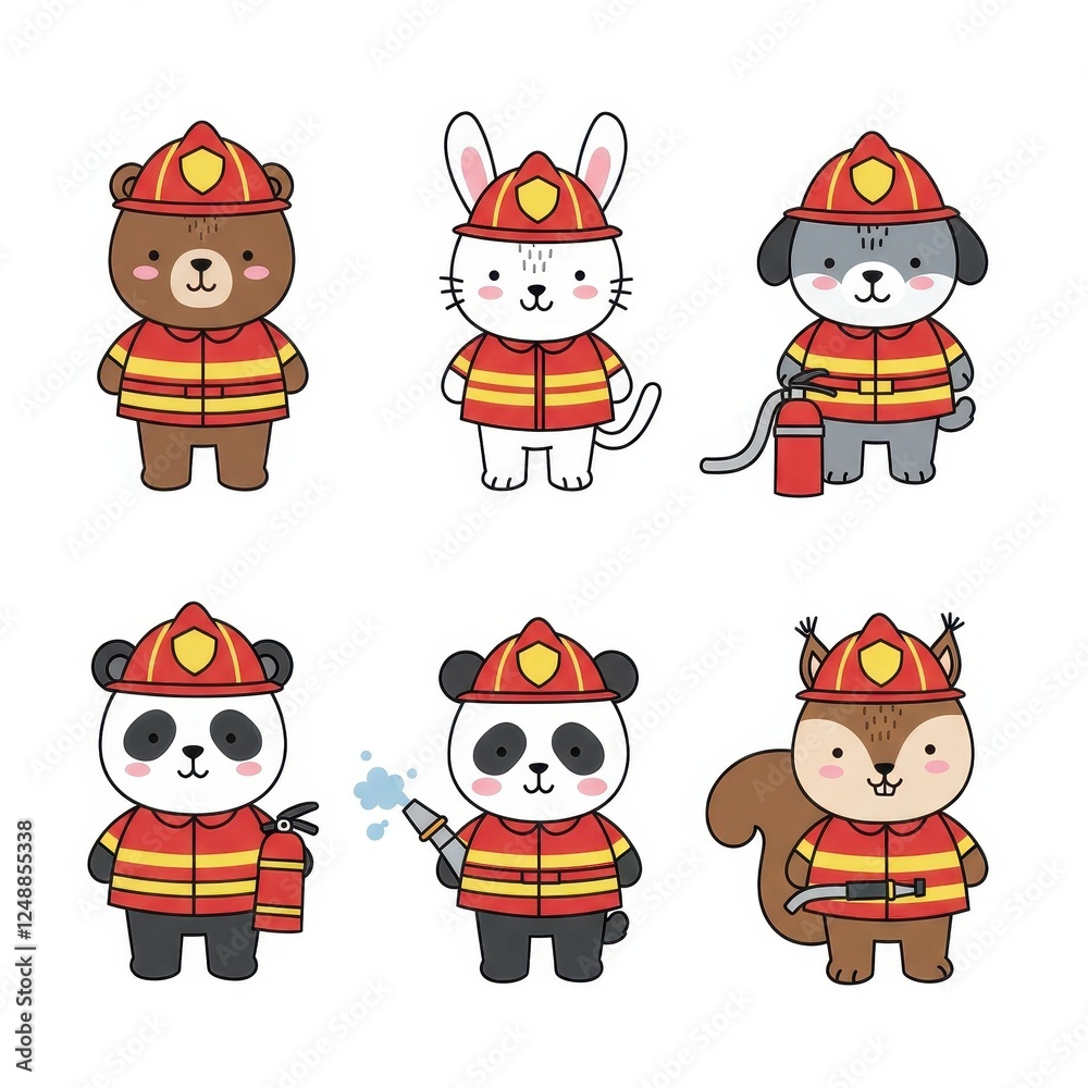 Obraz premium Cute Cartoon Animal Firefighter Illustration Set with Bear, Rabbit, Dog, Panda, and Squirrel Characters in Firefighter Uniforms