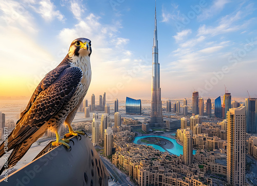 Falcon perches above Dubai skyline, capturing the essence of Arabian heritage meeting modern architectural wonders at golden hour light photo