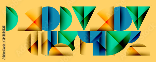 Abstract geometric background with layered gradient shapes forming dynamic patterns. Overlapping semi circles and triangles create depth and contrast