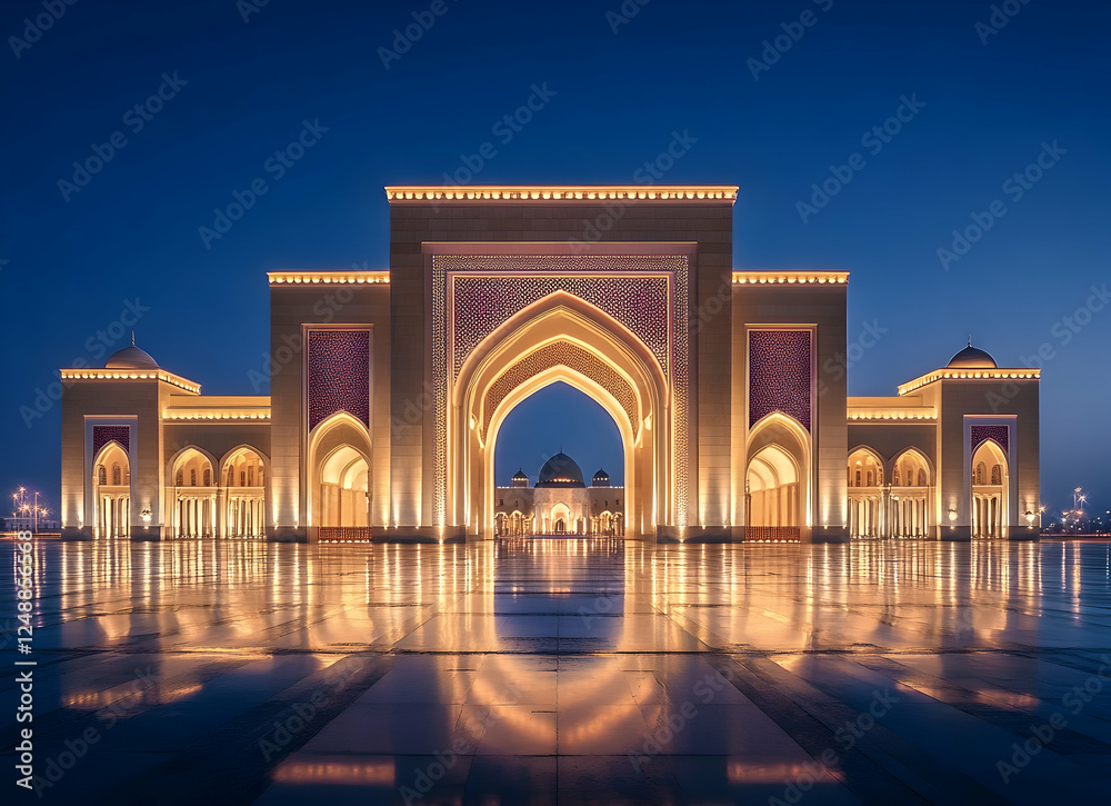 Obraz premium Majestic illuminated architecture with intricate archways, reflective plaza, and serene twilight ambiance create an ethereal visual experience