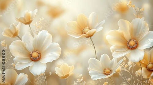 Delicate ivory flowers with golden centers stand in soft light