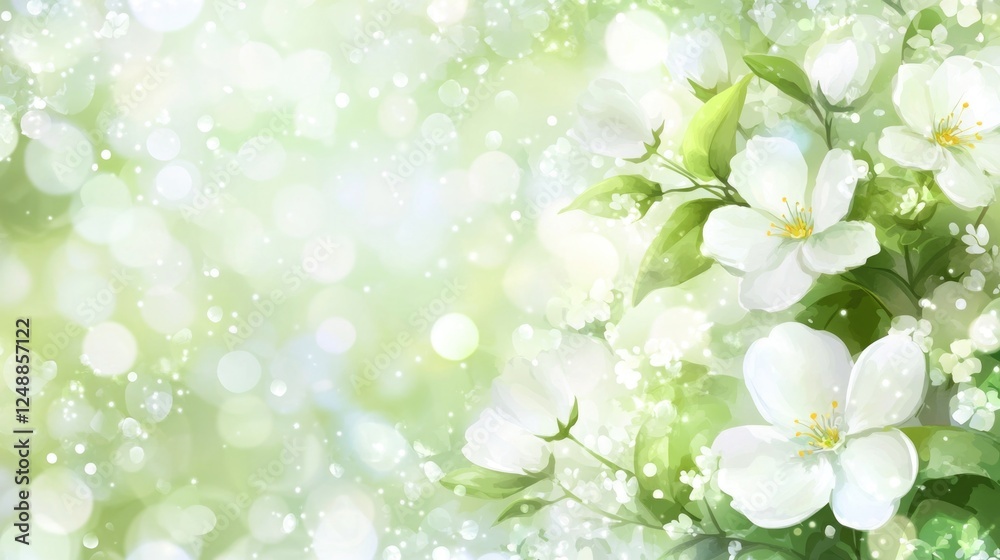 Spring background with soft green and white flowers and bokeh light effects. Spring background with soft green and white flowers and bokeh light effects.