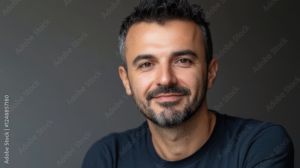 Fototapeta premium Portrait of a smiling man with short, dark hair and a beard, against a gray background.