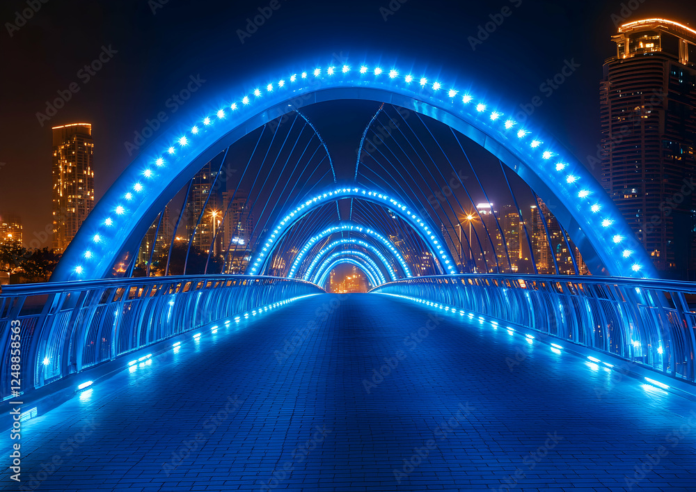 Fototapeta premium Illuminated pedestrian bridge with striking blue light archways offering a futuristic urban nightscape perspective of connectivity and passage