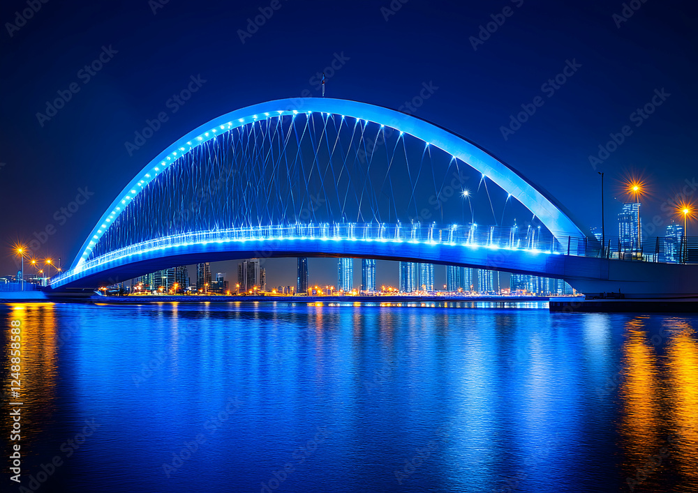 Obraz premium Illuminated pedestrian bridge at night offering safe passage across calm waters with cityscape backdrop under a deep blue sky