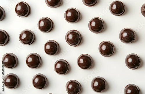 Delicious dark chocolate candies arranged symmetrically on a bright white surface, creating a minimalist and mouthwatering flat lay confectionery composition photo