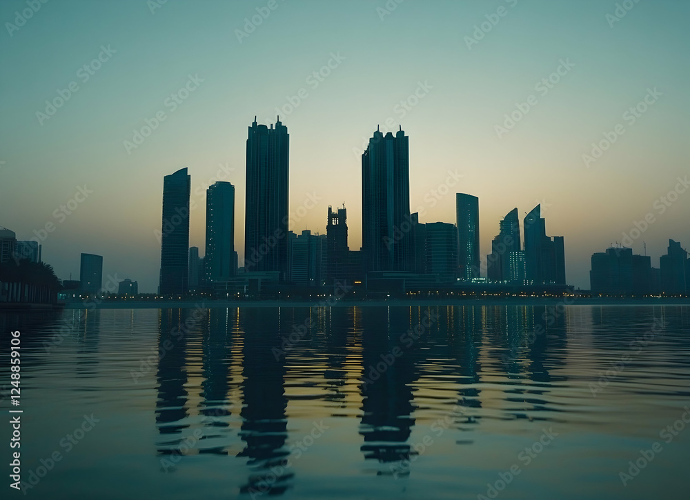 Tranquil cityscape at twilight, Silhouettes of towering skyscrapers mirrored in calm waters capture urban serenity at dusk under a muted sky Tranquil cityscape at twilight, Silhouettes of towering skyscrapers mirrored in calm waters capture urban serenity at dusk under a muted sky