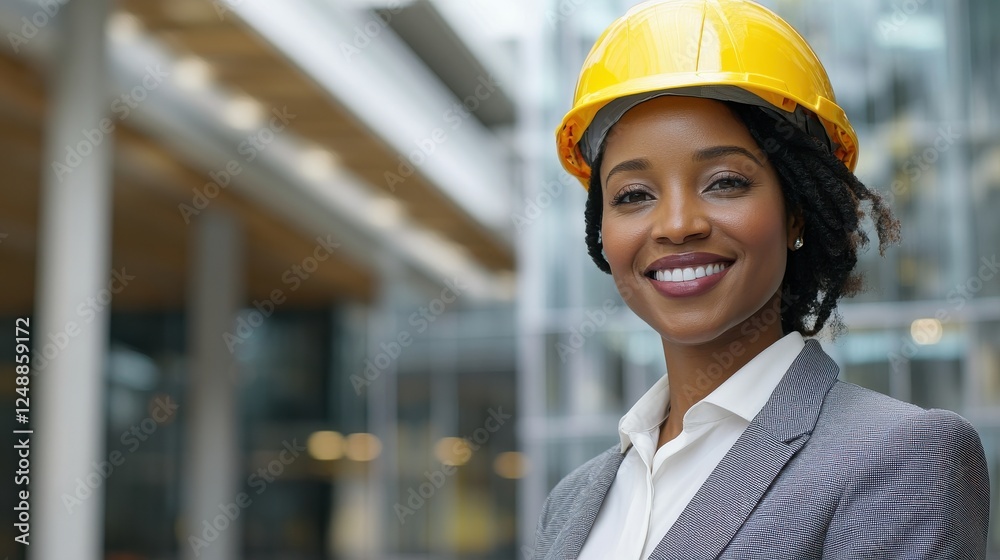 Female engineer with yellow hard hat smiling at construction site background Female engineer with yellow hard hat smiling at construction site background