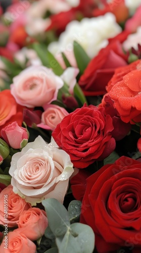 Vibrant bouquet of red and pink roses with dewdrops in bloom