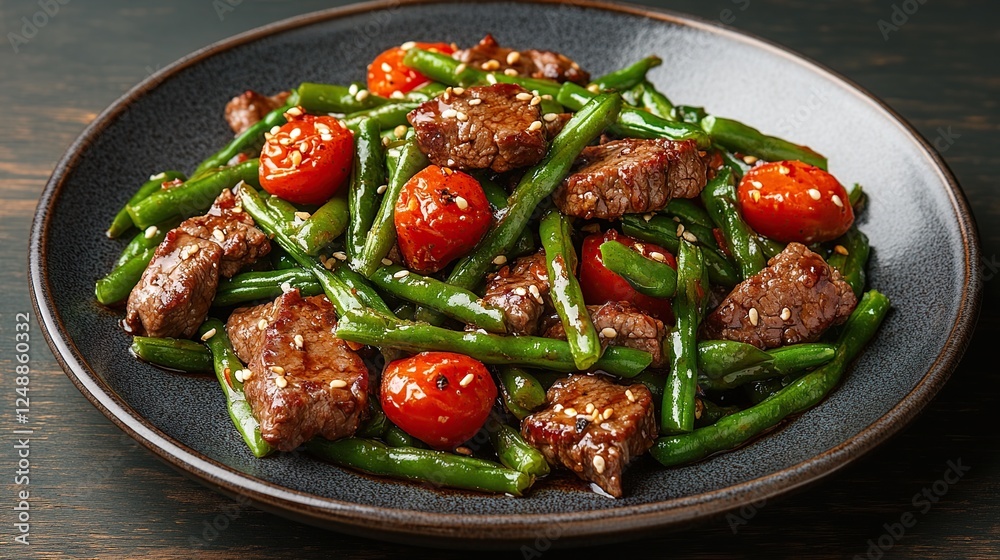 Beef, green beans, cherry tomatoes stir-fry on dark wood
