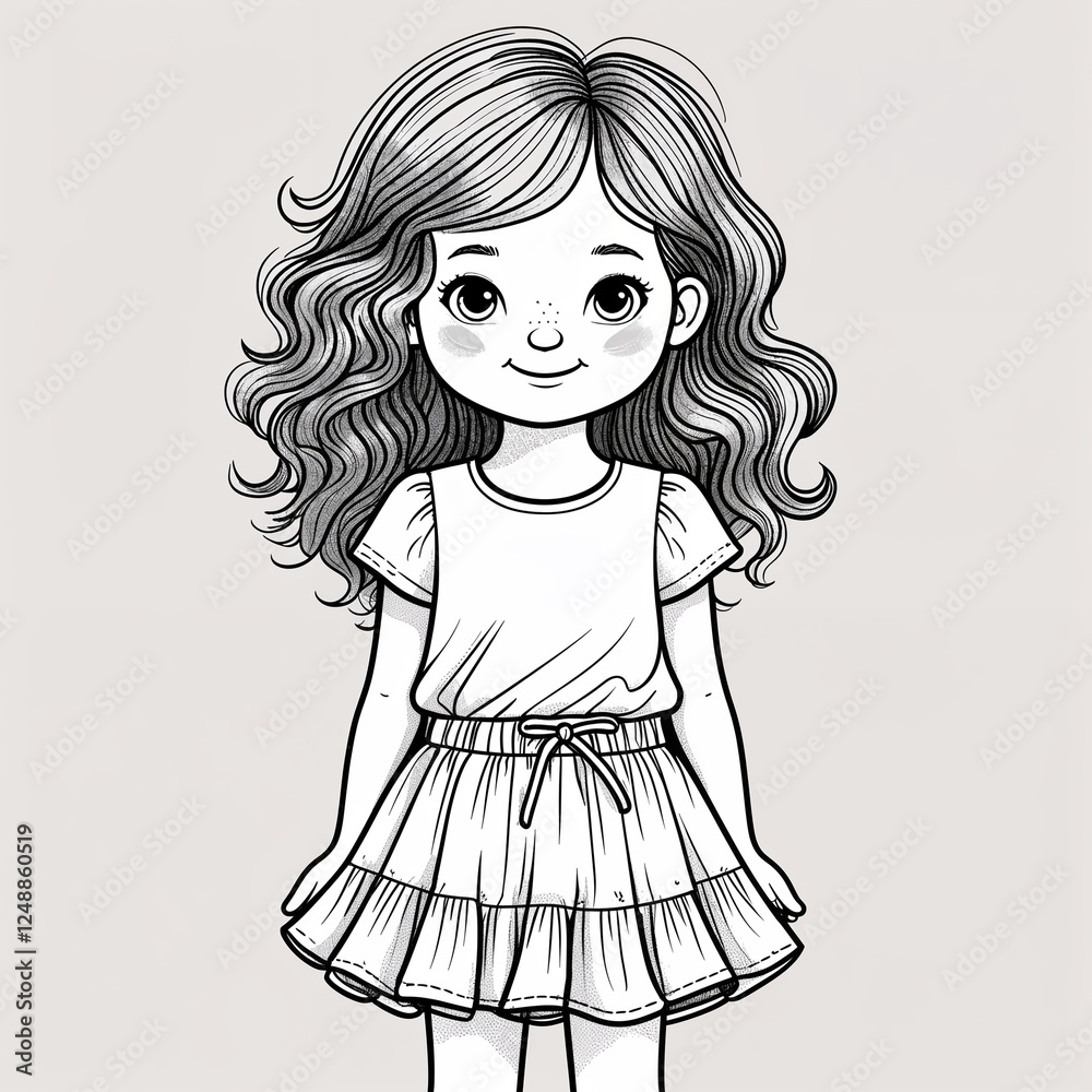 A preschool girl sneaky with wavy locks wearing a summer frilled skirt in a simple hand drawing flat line design A preschool girl sneaky with wavy locks wearing a summer frilled skirt in a simple hand drawing flat line design