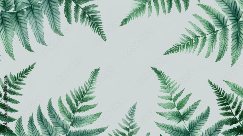 Watercolor painting of several green fern leaves on light background Watercolor painting of several green fern leaves on light background