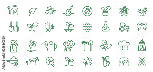 Icon Set Featuring Illustrations for Sowing Seeds, Farming, and Plant Growth. Perfect for Agriculture and Gardening Themes, with Vector Editable Outline Strokes for Easy Customization.