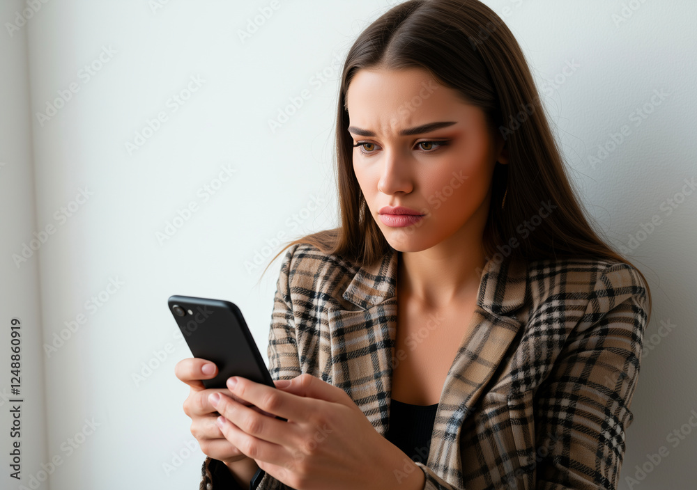 Sad woman, phone and indoors with stress about bad news, spam or social media. Anxiety, young adult and notification with technology, upset and worry for mental health or cyberbullying Sad woman, phone and indoors with stress about bad news, spam or social media. Anxiety, young adult and notification with technology, upset and worry for mental health or cyberbullying
