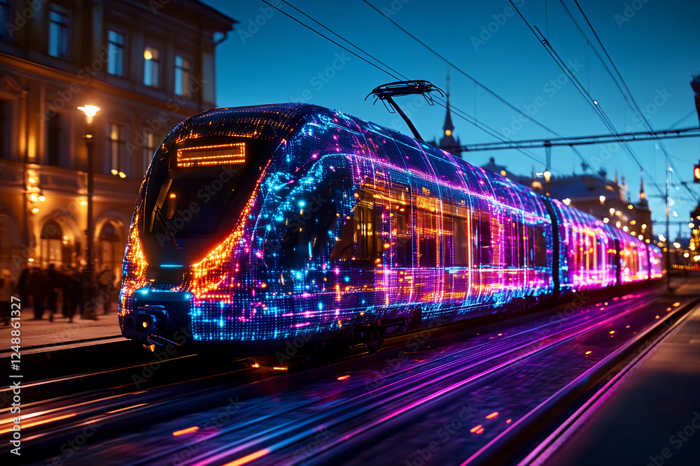 Fototapeta premium High-speed train powered by fiber optic technology, illustrating the potential of fiber optics in transportation and infrastructure with pulsing light effects