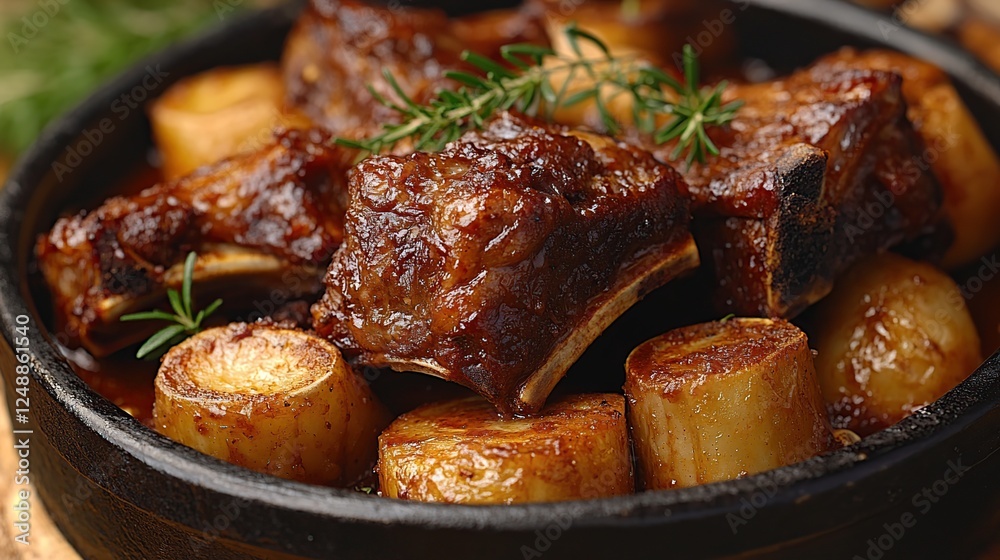 Braised short ribs and potatoes, rustic setting, close-up Braised short ribs and potatoes, rustic setting, close-up