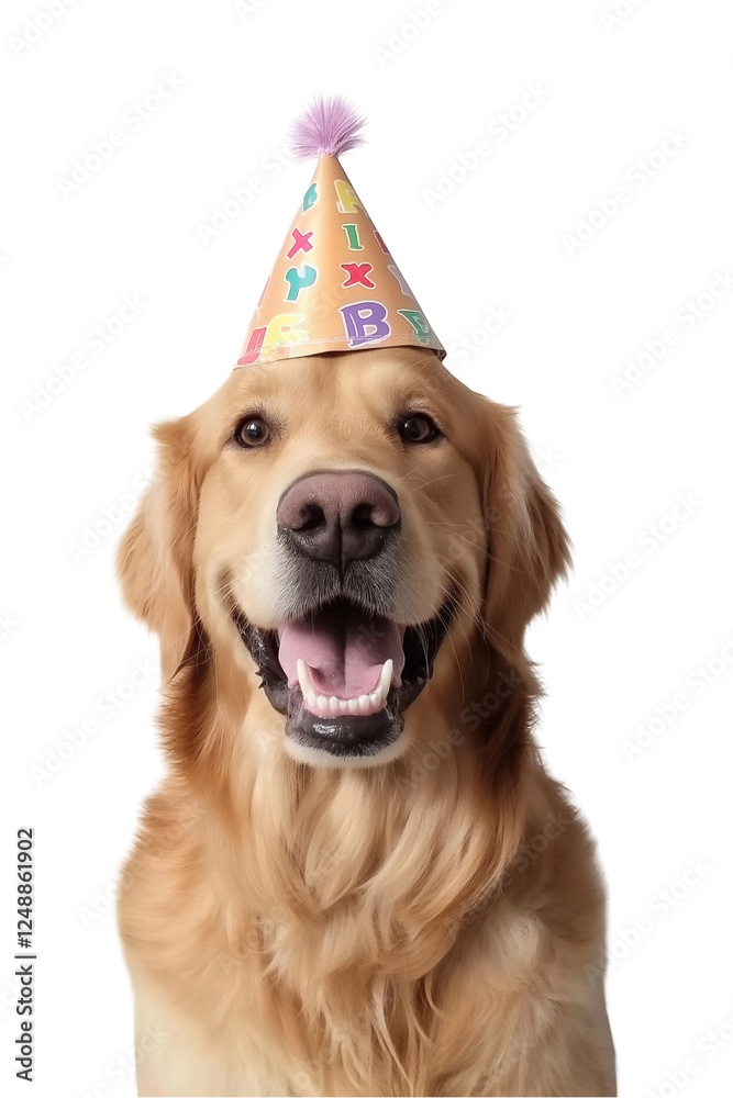 Golden Retriever in Colorful Party Hat on Transparent Background Golden Retriever in Colorful Party Hat on Transparent Background