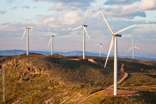 Wind turbine power generators above the town of Turrillas in Almeria province photo