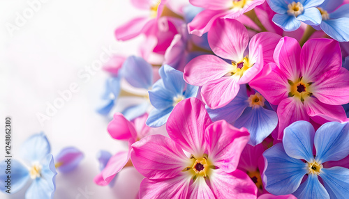 Close up of an incredibly beautiful bright flowers of blue pink and white lying on a light surface, collage style. with white shades photo