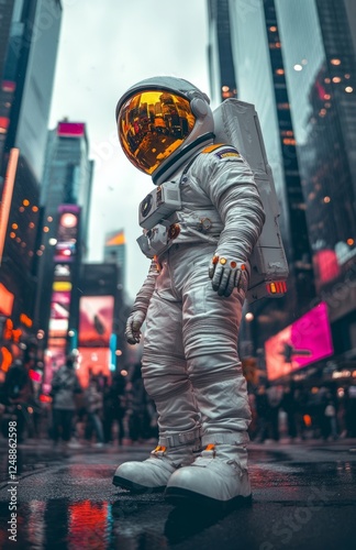 Astronaut in New York Streets, White and Yellow Suit, Orange Helmet with Gold Details